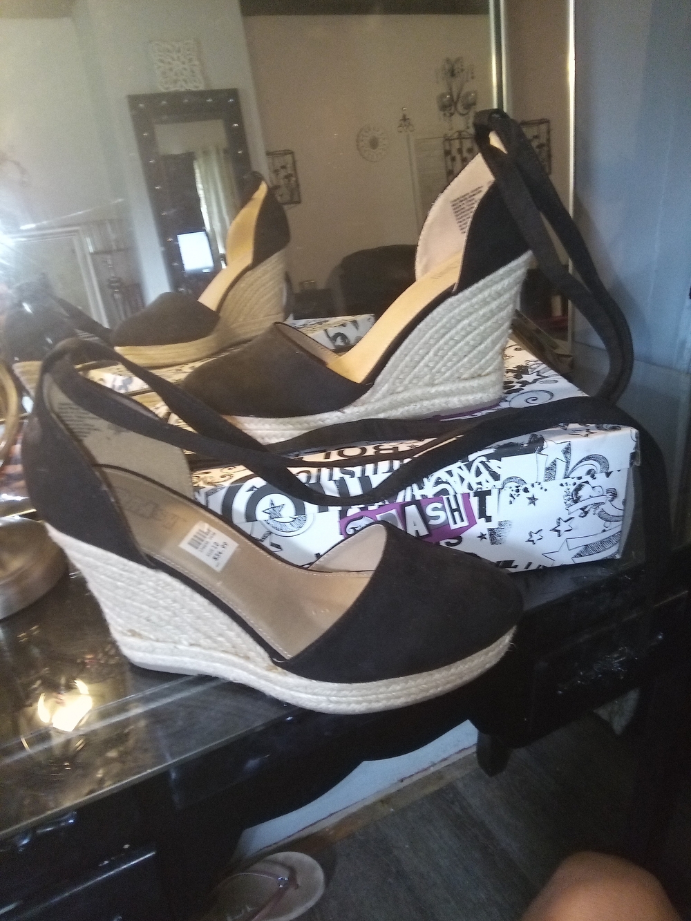 Brash Black Espadrille Wedge Sandals with Ankle Tie